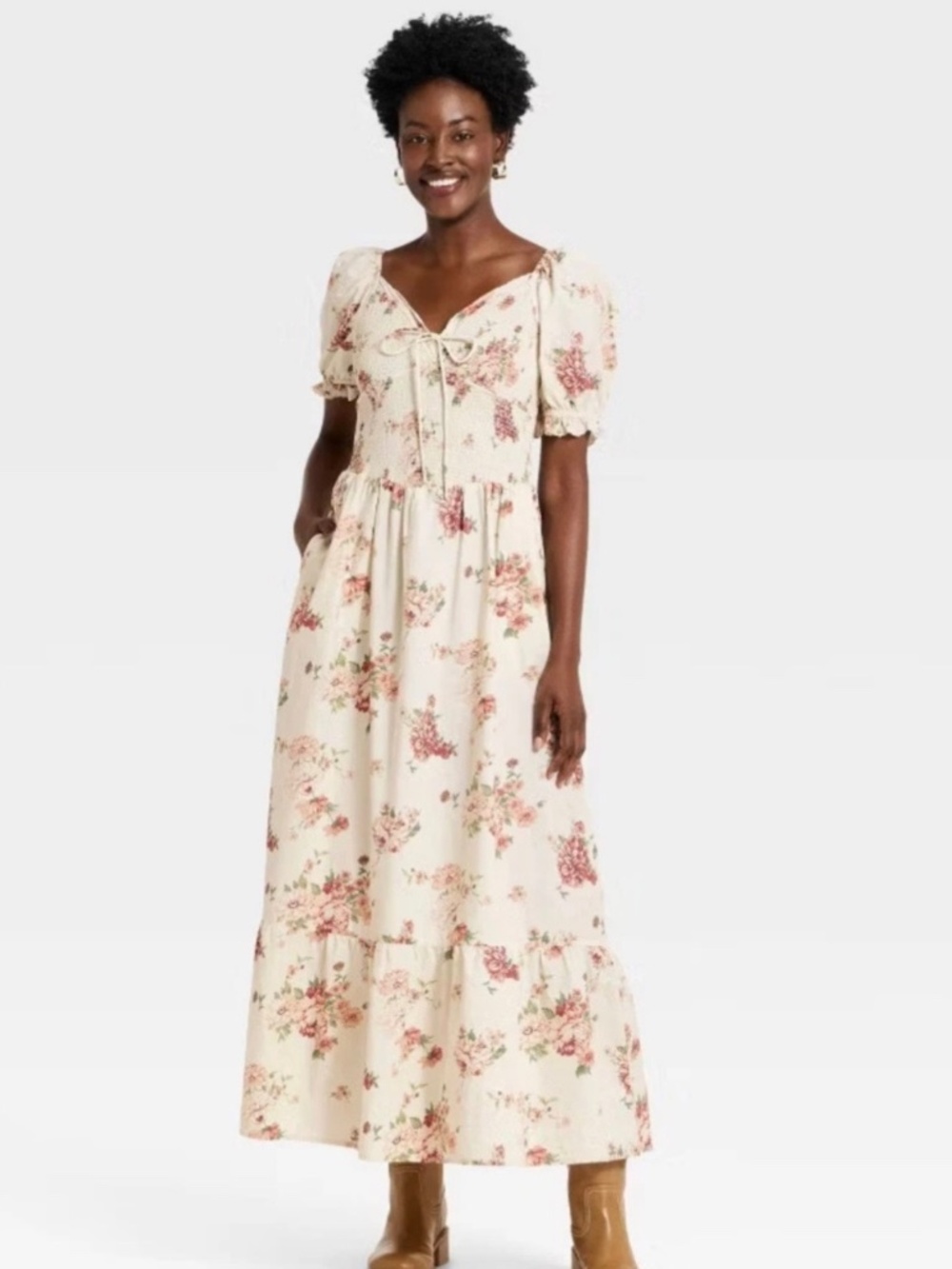Universal Thread Flora Tie-Front Puff Sleeve Maxi Dress - Cream with Pink Floral